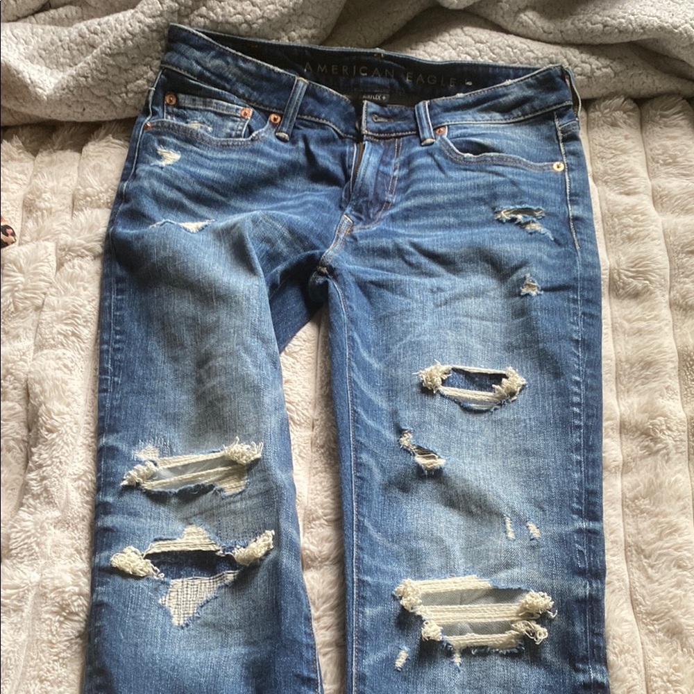 American Eagle Outfitters Blue Boyfriend Jeans with Distressed Details